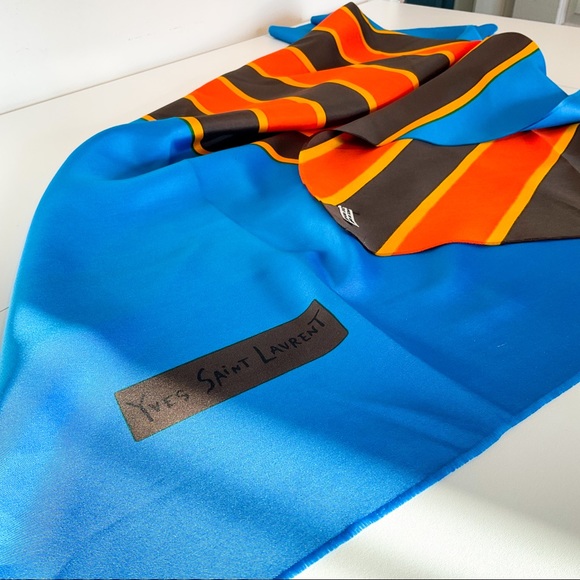 YVES SAINT LAURENT Vintage Silk Striped Electric Blue Scarf - Picture 5 of 16